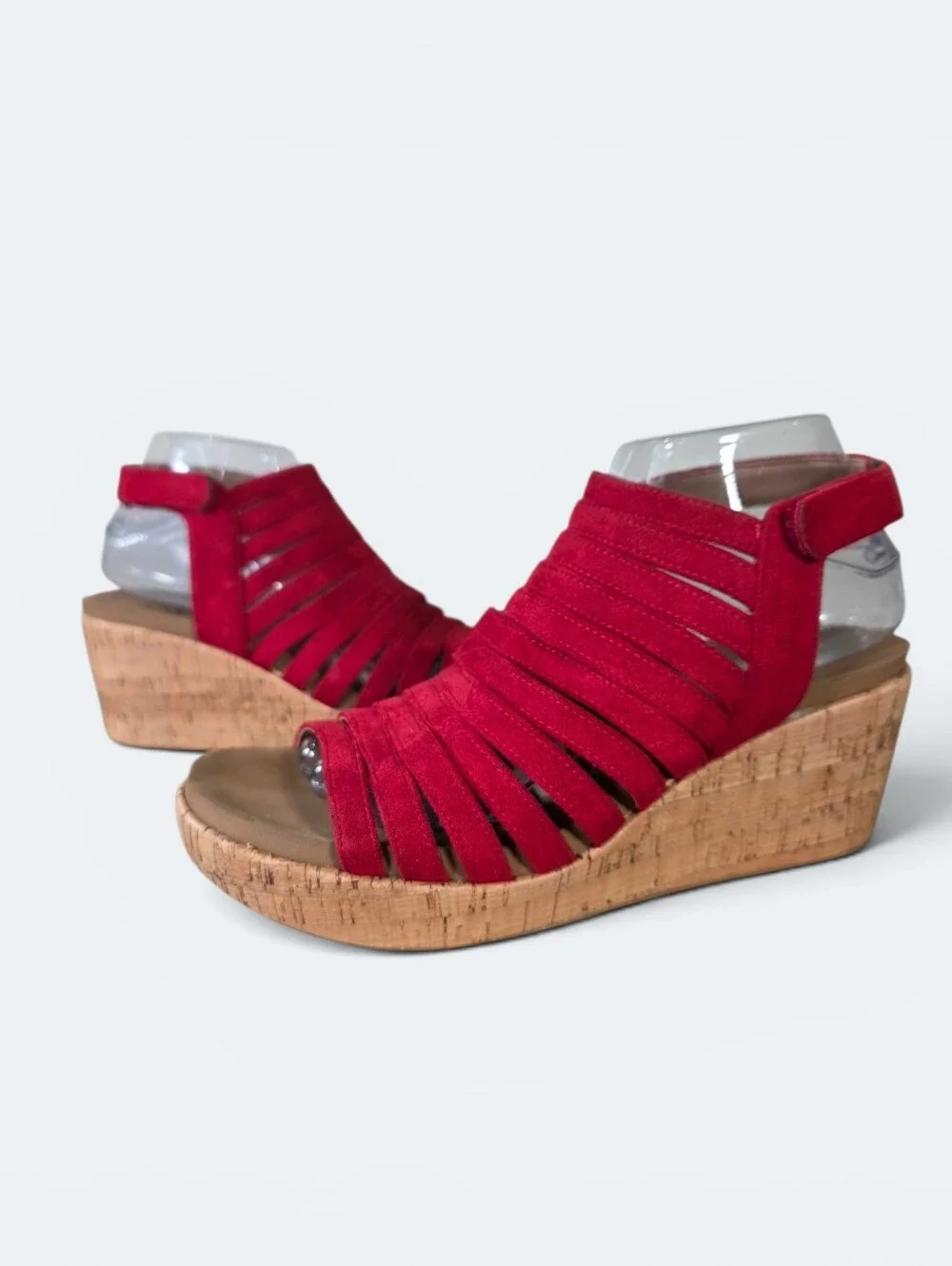 Corkys Oopsie Daisey Red Faux Suede Cork Wedge Sandals Size 9